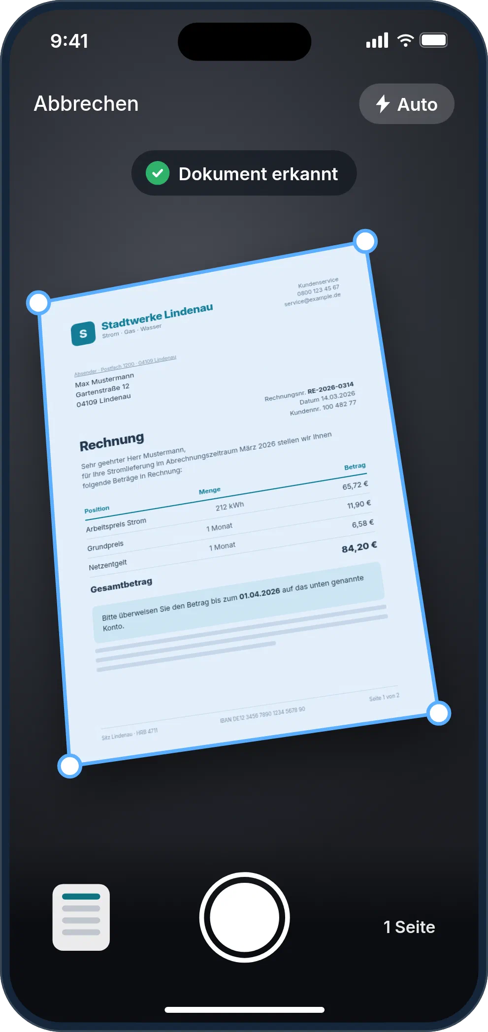 Illustration des Scanners: Kameraansicht mit einer schräg liegenden Stromrechnung, deren Kanten automatisch erkannt und markiert sind
